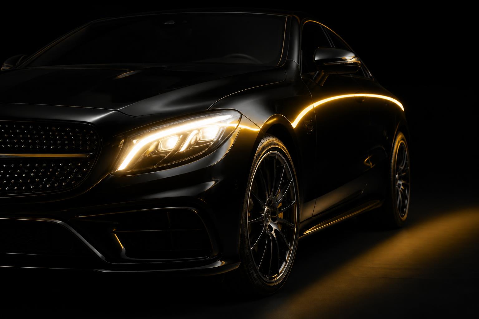 Carro premium preto com detalhe de luz amarela